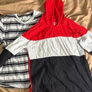Long Sleeve black and gray stripe tee and Hooded color block Red and Black tee